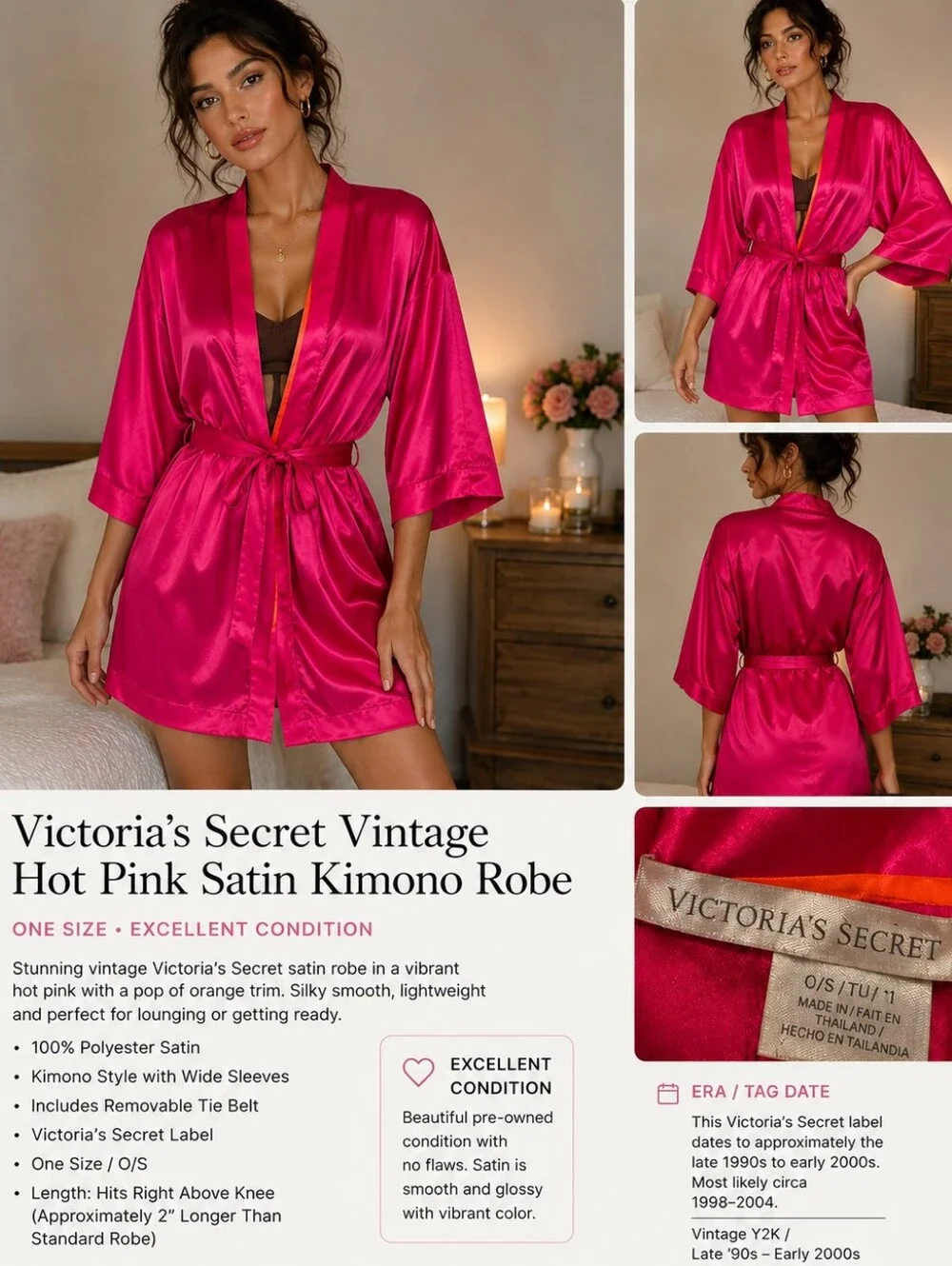Victoria’s Secret Vintage Hot Pink Satin Kimono Robe One Size